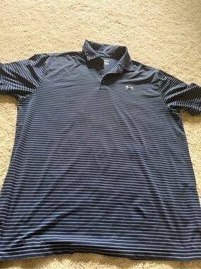 Under Armour Polo Shirt Mens Large HeatGear Blue White Striped Golf Performance